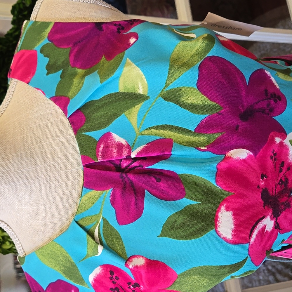 DRESSBARN Floral Sleeveless Dress Belt sleeveless pleats aqua fuchsia 6 New - Picture 2 of 8
